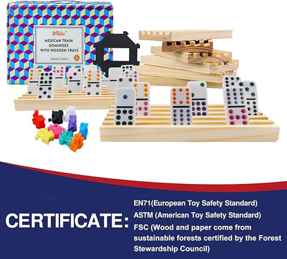 Mexican Train Dominoes Set, 91 Tiles Double 12 Game with 8 Wooden Racks/Trays, Tin Box, and Colorful Trains, Classic Domino Set, Perfect for Kids, Adults, and Families (D12 + 8 Holders)