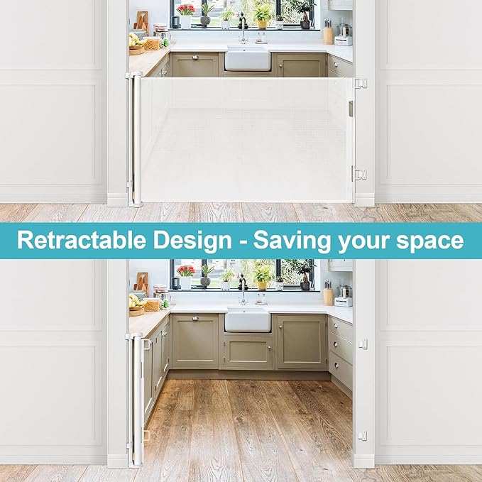 52 Inch Retractable Dog Gate for Kids Indoor Retractable Baby Gate for Doorway Retractable Baby Gate for Stair Outdoor Baby Gate for Decks Pet Gate for Stair Outdoor Child Gate for Doorways (White)