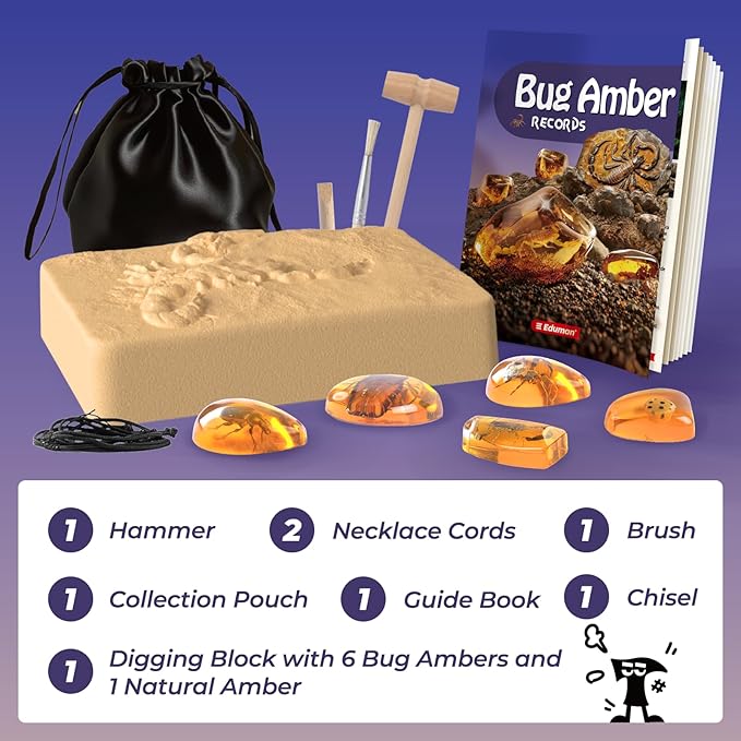 EDUMAN Amber Dig Kit - 6 Artificial Insect Resin Specimens, Bugs Fossil Excavation Set with Natural Amber, STEM Inspired Educational Toy for Kids Ages 6-12, for Boys & Girls