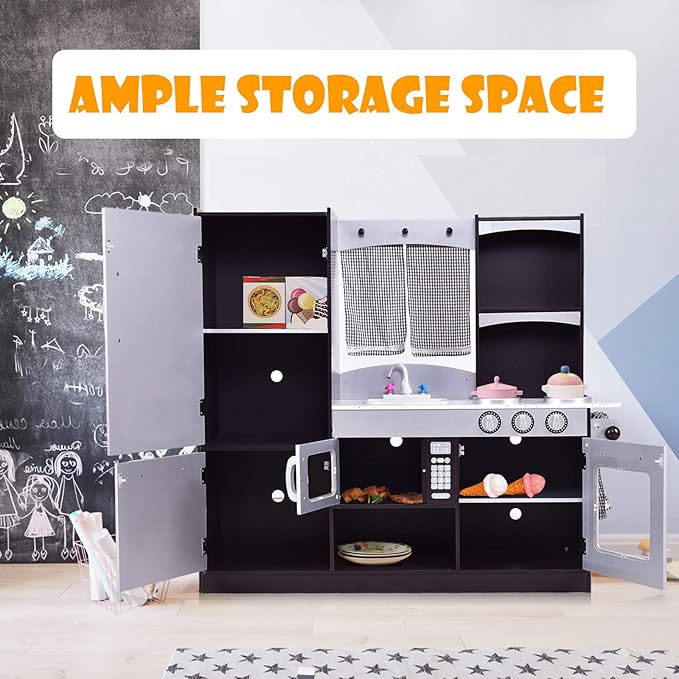 Costzon Kids Kitchen Playset, Wooden Toddler Kitchen Toy Set with Realistic Sound, Microwave, Oven, Refrigerator, Chalkboard & Towel Rack, Pretend Play Kitchen, Gift for Boys Girls (Coffee)