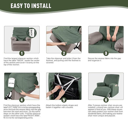 KinCam Recliner Covers, Stretch Reclining Chair Covers, Recliner Sofa Slipcovers Stripe Jacquard Recliner Couch Covers Furniture Protector Covers for Pet Kid (1 Seater, Greyish Green)