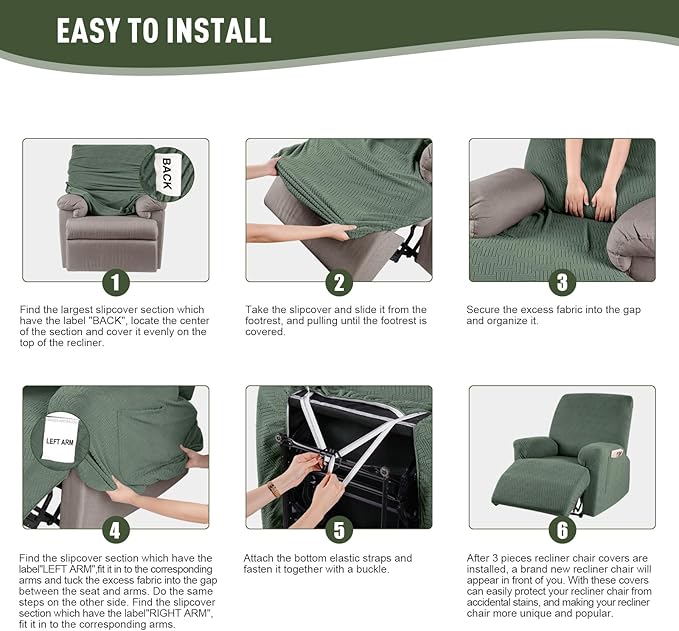 KinCam Recliner Covers, Stretch Reclining Chair Covers, Recliner Sofa Slipcovers Stripe Jacquard Recliner Couch Covers Furniture Protector Covers for Pet Kid (1 Seater, Greyish Green)