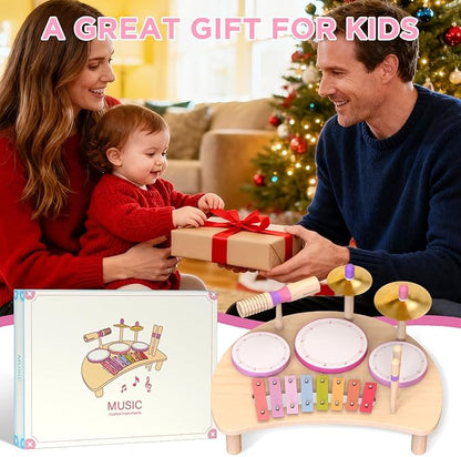 Kids Drum Set Montessori Musical Instruments for Toddlers 1-3, Wooden Baby Drum Kit with Xylophone, Preschool Music Toys for Early Learning, Educational Birthday Gift for Boys Girls (Pink)