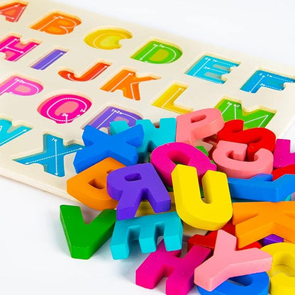 Alphabet Puzzle Wooden Puzzles for Toddlers 3 4 5 Year Old, ABC Puzzle Shape Alphabet Learning Puzzles Toys with Puzzle Board & Letter Blocks, Preschool Educational for Girls Boys