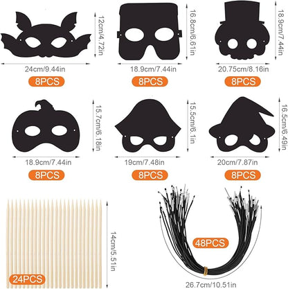 48pcs Halloween Mask Craft Kit for Kids, Funny Halloween Scratch Paper Mask with Elastic Cord Wooden Stick Scratch Masks for Halloween Party Favor