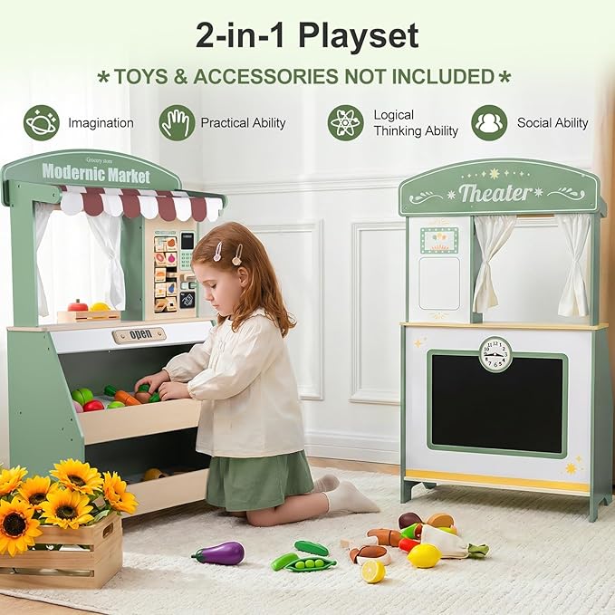 Kids Grocery Store Pretend Play, Puppet Theater&Grocery Store Playset Toy Double-Sided, Toddler Supermarket Toy Cash Register w/Blackboard, Display Shelves, Gift for Boys Girls, Green