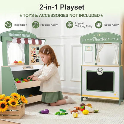 Kids Grocery Store Pretend Play, Puppet Theater&Grocery Store Playset Toy Double-Sided, Toddler Supermarket Toy Cash Register w/Blackboard, Display Shelves, Gift for Boys Girls, Green