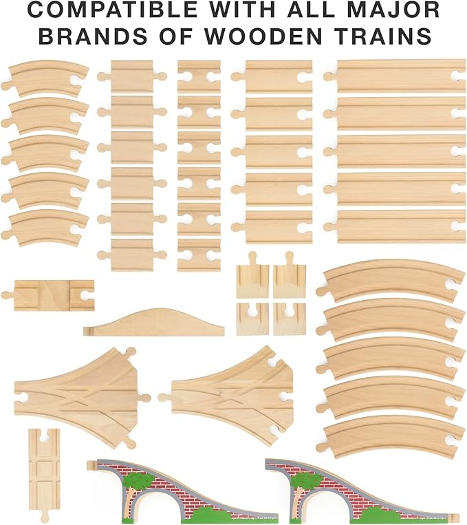 Conductor Carl Wooden Train Track Set, 42 Pieces - Solid Wood Wooden Train Track Accessories Compatible with Most Major Toy Train Brands - Single Piece, Interlocking Wooden Train Tracks