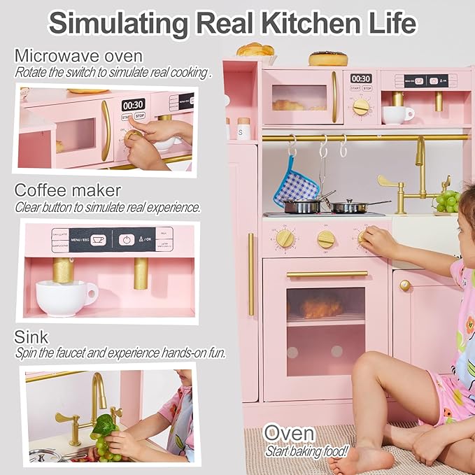 Kids Play Kitchen for Chef Pretend Kitchen Playset with Real Lights and Sounds and 14 Pcs Toy Kitchen Accessories, Wooden Toddler Pink Play Kitchen Set for Girls Ages 3+