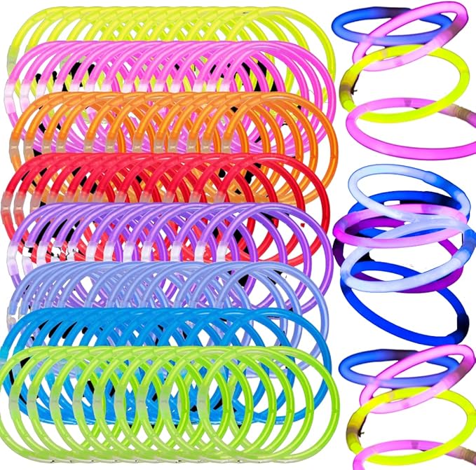 8" Glow in the Dark Bracelets (100 pk) in 8 Unique Colors - Ultra Bright Glow Sticks Party Pack, Neon Headbands, Perfect For Rave Dance Parties - Bulk Glowsticks for Party Favors & Decorations