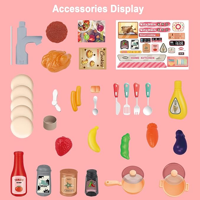 deAO Kids Kitchen Playset Toy with Sounds and Lights, Role Playing Game Pretend Food and Cooking Playset for Kids,35 PCS Kitchen Accessories Set for 3 4 5 Years Old Girls Boys