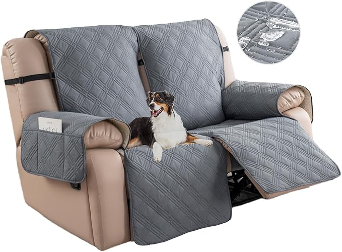 Easehomey Waterproof Loveseat Recliner Cover,Non Slip Reclining Couch Covers for 2 Seat,Dog Chair Cover Furniture Protector Washable Chair Cover with Pocket for Kids,Pets,Dogs(Light Gray,2Seat)