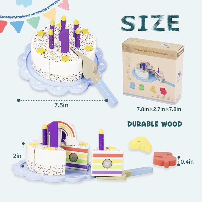 Pretend Play Food for Toddlers 1-3,Wooden Birthday Fake Cake with Candles and Numbers,Tea Party Learning Kitchen Gift Toys for Boys Girls (Rainbow Cake)