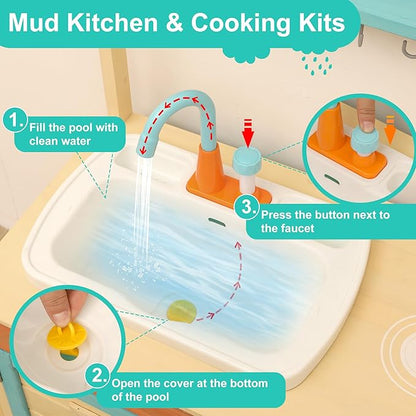 Mud Kitchen for Kids Outdoor - Kids Outdoor Play Kitchen Playset with Cookware Accessories - Perfect for Chef Pretend Play