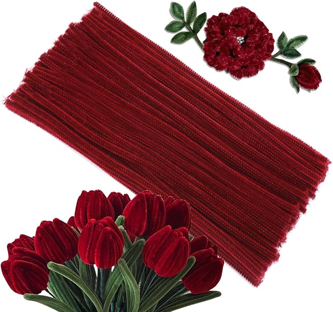 Pipe Cleaners, 100Pcs Creative Crafting Pipe Cleaners Supplies for Flowers Making, Chenille Stems Pipe Cleaners for DIY Hand Crafts, Festivals Home Decorations/Wine Red
