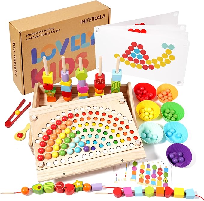 INIFEIDALA Toddler Learning Montessori Toys for 3 4 5 6 Year Old,Rainbow Stacking & Lacing Beads & Matching Shape Stacker - Wooden Peg Board Beads Sequencing Toy Set - Fine Motor Skills Toys