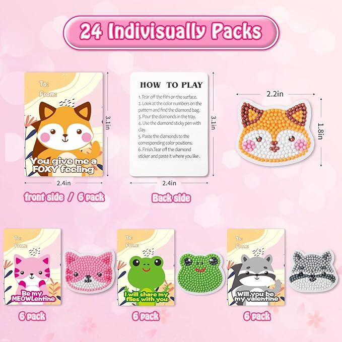 Shemira 24 Pack Valentine's Day Cards for Kids with 5D Diamond Art Painting Kit, Valentines Gift for Kids Classroom, Valentine's Party Favor, School Valentine's Art Activity, Valentine's Art Craft Kit
