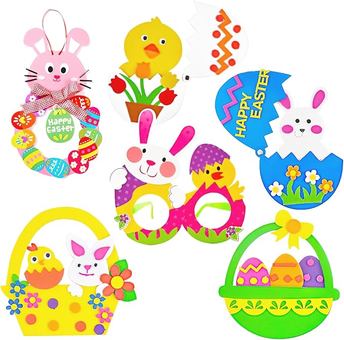 BigOtters Easter Craft Kits, 6PCS DIY Sets Including Hatching Chick Bunny Egg Easter Basket Craft Stick Sign Bunny Wreath and Rabbit Glasses for Kids Favor Classroom Daycare Homeschool Art Decor
