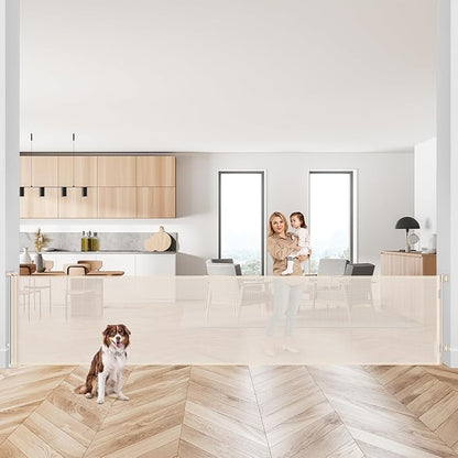 145 Inch Retractable Baby Gates Extra Wide Retractable Dog Gate for Large Openings – Indoor Extra Long Baby Gate Retractable Fence Outdoor Mesh Baby Gate Retractable Pet Gate Long Dog Gate, Beige