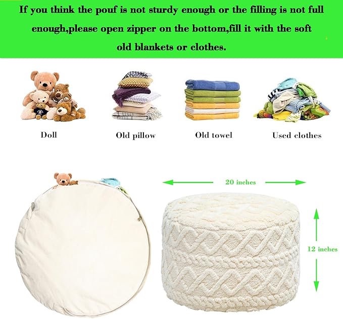 Pouf Ottoman Stuffed 20x20x12 Inches Floor Pouf Plush Fiber Ottoman Foot Rest Under Desk Foot Stool for Living Room Bedroom (Cream)