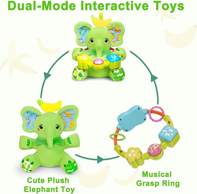 Holaxander Baby Elephant Musical Stuffed Animals Toy with Light-Up Music & Crinkle Sound Paper,Infant Bilingual Early Learning Education Toys,Tummy Time Toys for 0-3-6-12+ Months Boy Girl, Green