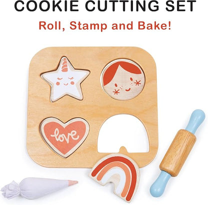Mentari Toys - Cookie Cutting Set - 7pc Wooden Cookie Play Food Set with Accessories - Pretend Play Cookies and Baking for Toddlers - Shape Sorting Imaginative Play Set for Toddlers - Age 2+