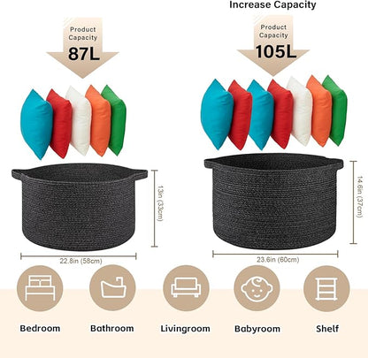 OIASKET Large Woven Baskets for Storage, 23.6" x 23.6" x 14.6" Blanket Storage Living Room, Baby Toy Basket for Clothes, Pillows, Towels, Shoe Basket for Entryway (Black)