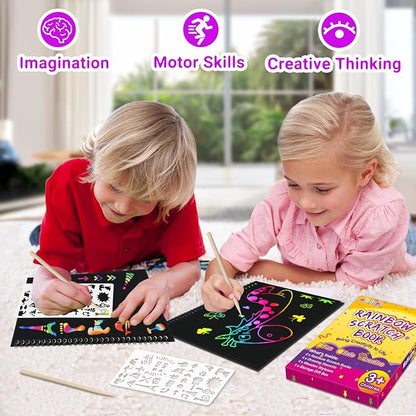 pigipigi Rainbow Scratch Paper for Kids - 2 Pack Large Scratch Off Notebooks Arts Crafts Supplies Kits Drawing Paper Black Magic Sheets Scratch Pad Activity Toy for Girls Boys Christmas Birthday Gift