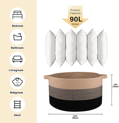 OIAHOMY 90L Blanket Basket for Living Room, Large Basket 23" x 23" x 13" with Handle, Laundry Hamper for Blankets, Pillows, Toy Storage for Kids, Dogs - Yellow and Black
