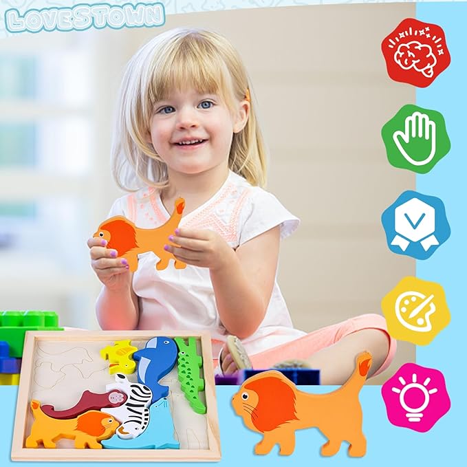 LovesTown 12PCS Wooden Stacking Puzzles, Animal Chunky Jigsaw Puzzles Educational Toys for Kids Gift