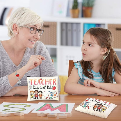 8 Pcs Teacher Appreciation Gift Set for Women, 4 Teacher Makeup Pouch Cosmetic Bags and 4 Bangle Bracelets, Christmas Valentines Thank You Gifts for Teacher (Cute Style)