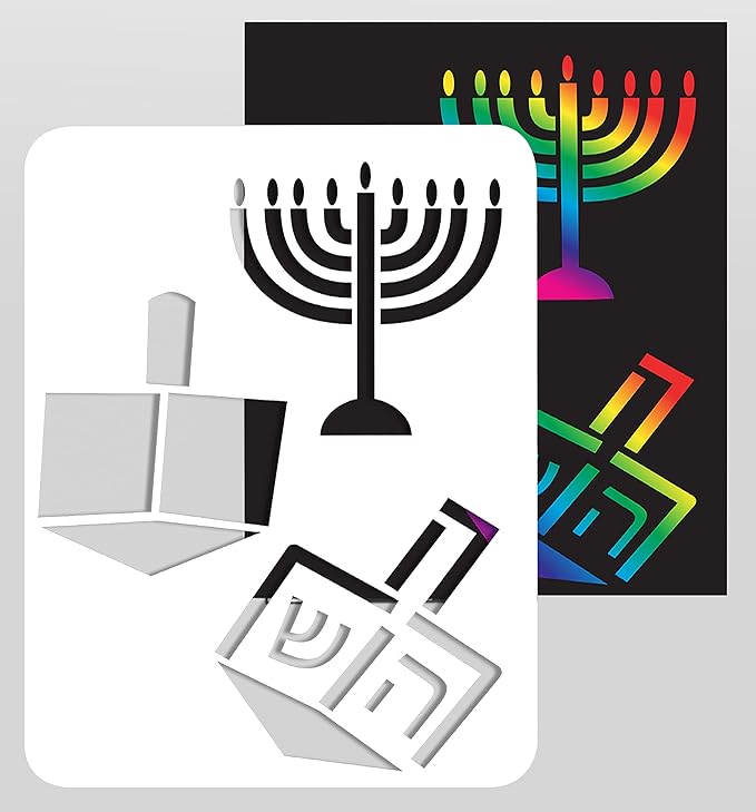 Hanukkah Scratch Stencil Art Kit - 4 Pack - 8" x 6" - Includes Sctatch Stick - Chanukah Arts and Crafts - Gifts and Games - Izzy 'n' Dizzy
