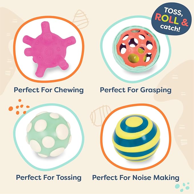 B. toys- B. baby- 4 Sensory Balls – Baby Toys – Developmental Play – Rubber Balls with Textures, Sounds, Lights – Ball-a-baloos- 6 Months +