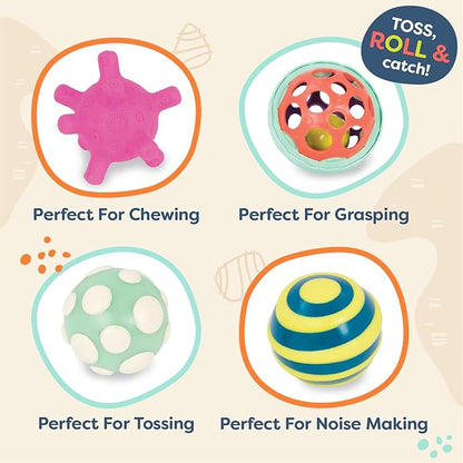 B. toys- B. baby- 4 Sensory Balls – Baby Toys – Developmental Play – Rubber Balls with Textures, Sounds, Lights – Ball-a-baloos- 6 Months +