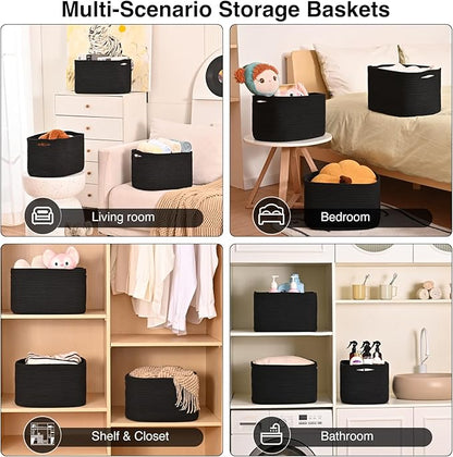 ICERZCZ Black Storage Baskets for Organizing Shelves, Toy Basket for Nursery, Woven Cotton Rope Basket for Decor, Towel Baskets for Bathroom, 15"x11"x9.5", 3 Packs, Black