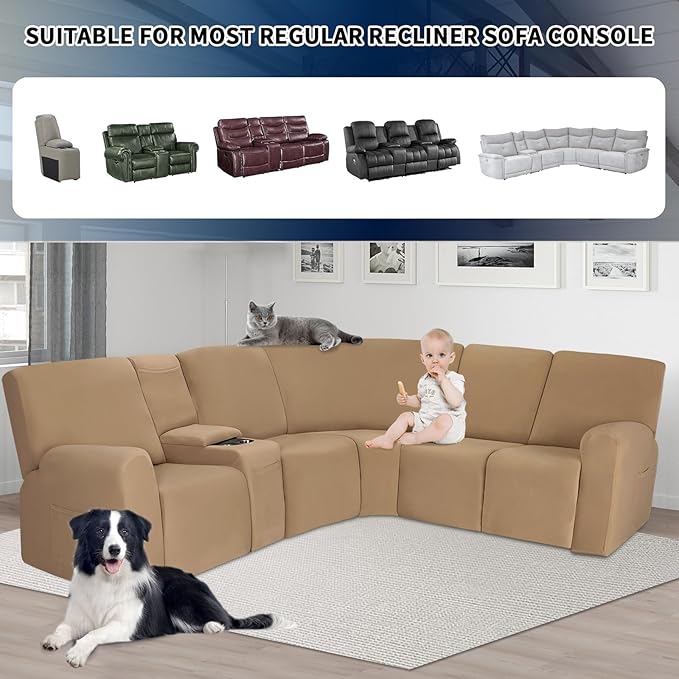 PureFit Recliner Console Cover for Reclining Couch Covers, Super Stretch Middle Console Slipcovers for Recliner Sofa Cover, Furniture Protector for Kids Pets with Pockets&Elastic Bottom, Camel