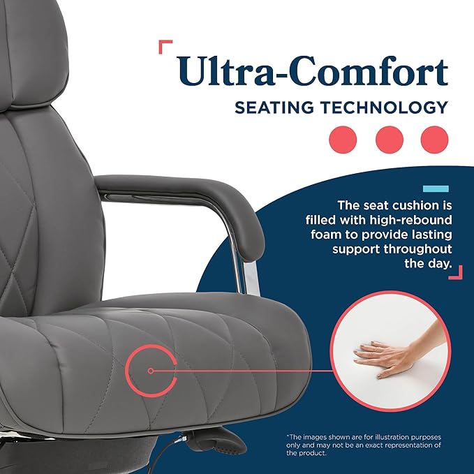 La-Z-Boy Sutherland Quilted Leather Executive Office Chair with Padded Arms, High Back Ergonomic Desk Chair with Lumbar Support, Grey Bonded Leather