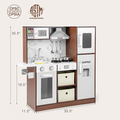 Costzon Kids Kitchen Playset, Wooden Pretend Cooking Kitchen Toy with Realistic Sounds & Light, Range Hood, Microwave, Ice Maker, Sink & Faucet, Toddler Play Kitchen, Gift for Boys & Girls 3+