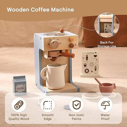 Kids Coffee Maker Playset Wooden Kitchen Toys for Toddlers - 15PCS Toy Coffee Maker Play Kitchen Accessories for Girls & Boys Pretend Play Kids Coffee Maker Toys - Ideal Gift