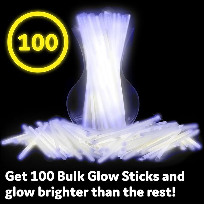 PartySticks White Glow Sticks Party Supplies 100pk - 8 Inch Glow in The Dark Light Up Sticks Party Favors, Glow Party Decorations, Neon Party Glow Necklaces and Glow Bracelets with Connectors