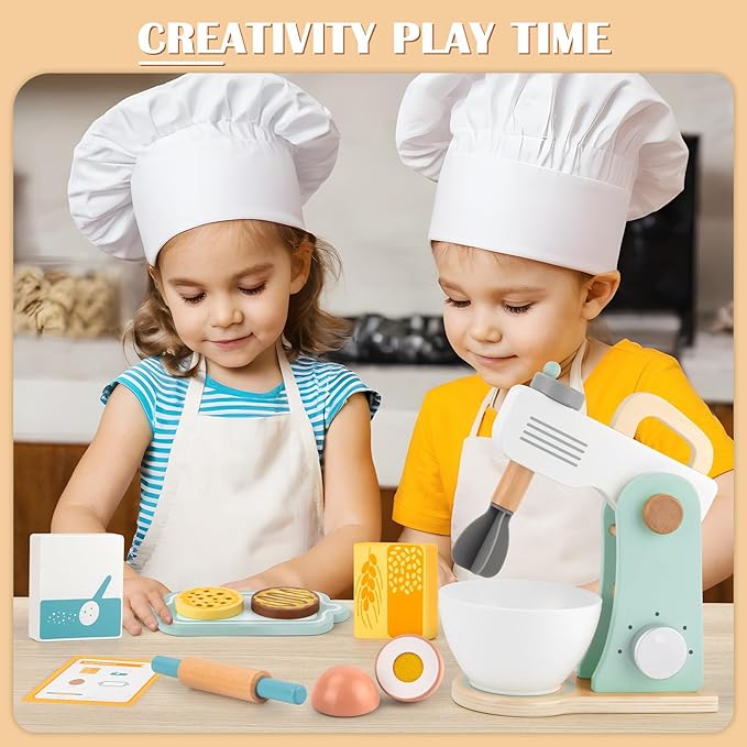 Play Kitchen Accessories, Wooden Toy Mixer, Wooden Kitchen Accessories for Kids, Pretend Play for Toddlers 3-5