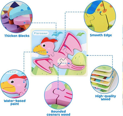 SYNARRY 6 Pack Dinosaur Wooden Puzzles for Kids 3-5, Wooden Puzzles for Toddlers, Dinosaur Puzzles for Toddlers 3 4 5 Year Old, 3D Dinosaur Puzzles Educational Preschool Toys for Boys and Girls