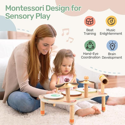 OATHX Kids Drum Set for Toddlers 3+, All-in-One Montessori Musical Instruments - Wooden Music Toys for Baby, Neutral Colors, Sensory Preschool Drum Kit, Birthday Gifts for Boys Girls