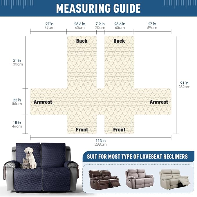 TAOCOCO 100% Waterproof Loveseat Recliner Cover-Recliner Cover with Non-Slip Granule, Recliner Chair Covers with Elastic Band,Washable Recliner Chair/Protector for Pets(Dark Blue, 2 Seater)