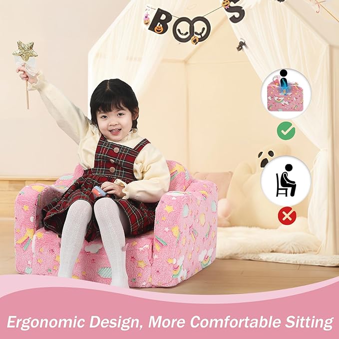 MeMoreCool Folding Toddler Chair, Glow-in-The-Dark Soft Plush Kids Fold-Out Couch Sofa, Comfy Baby Recliner for Girls and Boys (Glowing Unicorn, Pink)