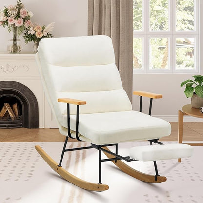 Rocking Chair with Footrest-Glider Rocker Chair with Retractable Footrest and Adjustable Backrest, Teddy Upholstered Rocking Chair Set of 2, Accent Chair for Living Room/Nursery/Bedroom/Outdoor-Beige