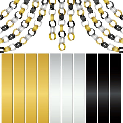 CHRORINE 600Pcs Colorful Paper Chains Strips for Birthday Party Decorations DIY Crafts Supplies (Gold Silver Black, 1 x 7.08 inches)