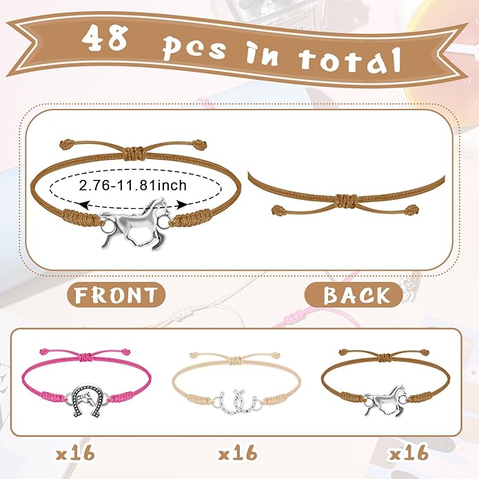 Sureio 48 Pcs Horse Rope Braided Bracelet Gifts Bulk Horse Goodie Party Favors Western Cowgirl Cowboy Adjustable Wedding Bridal Shower Bracelets for Women