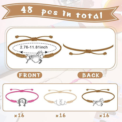 Sureio 48 Pcs Horse Rope Braided Bracelet Gifts Bulk Horse Goodie Party Favors Western Cowgirl Cowboy Adjustable Wedding Bridal Shower Bracelets for Women