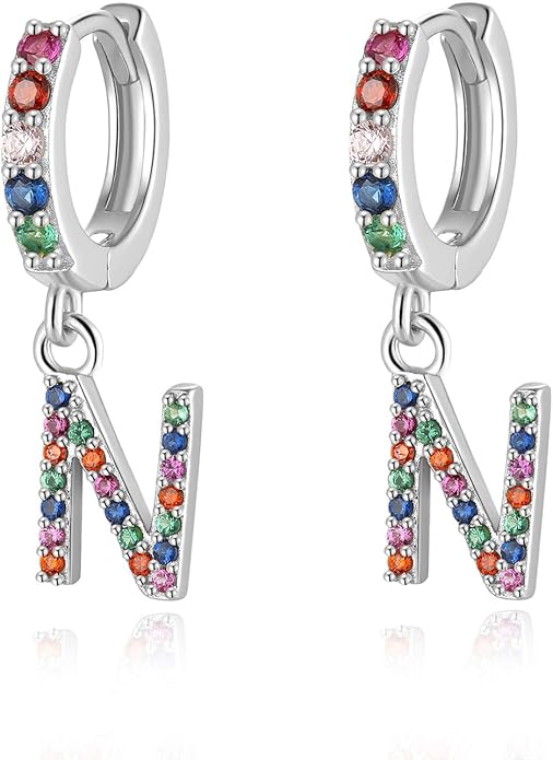 Presentski Initial Earrings 925 Sterling Silver Colorful Huggie Small Hoop Earrings Rainbow CZ Drop Dangle Simple Alphabet Earrings S925 Hypoallergenic Earring Letter A-Z for Daughter Women